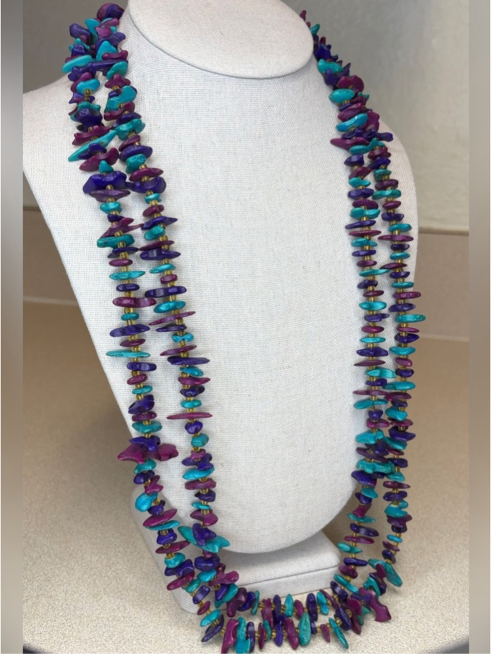 Double Strand Turquoise Blue & Purple Wood Chip Bead Necklace